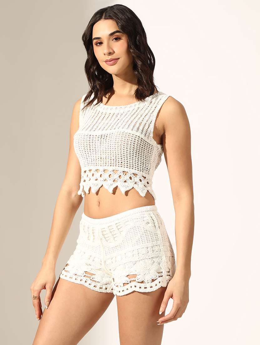 women solid crochet top and short co-ord set - 22180049 -  Standard Image - 2