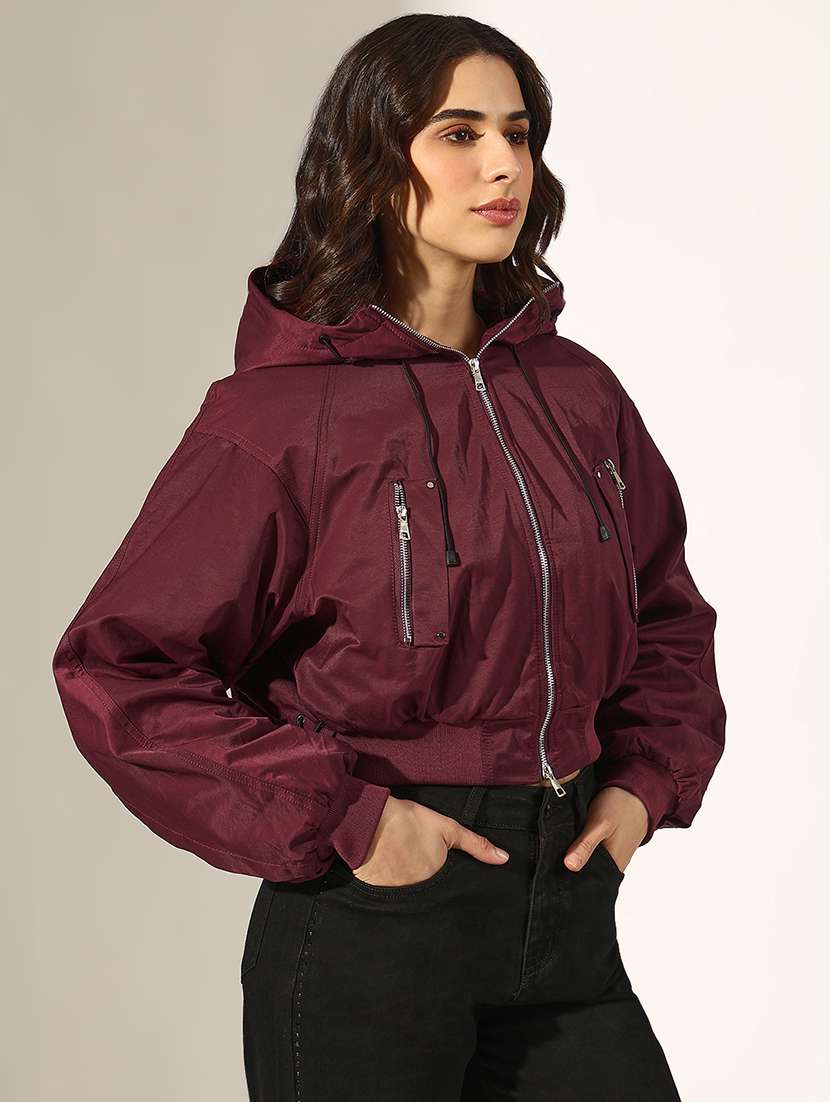 women solid long sleeve hooded crop bomber jacket - 22180061 -  Standard Image - 2