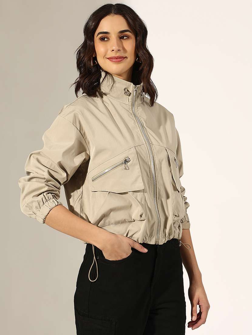 women beige solid long sleeve regular jacket - 22180065 -  Standard Image - 2