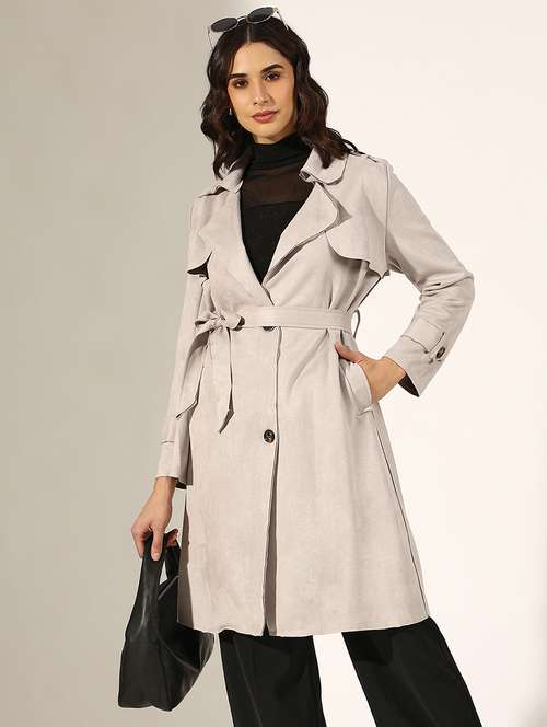 women solid long sleeve trench coat - 22180066 -  Standard Image - 0