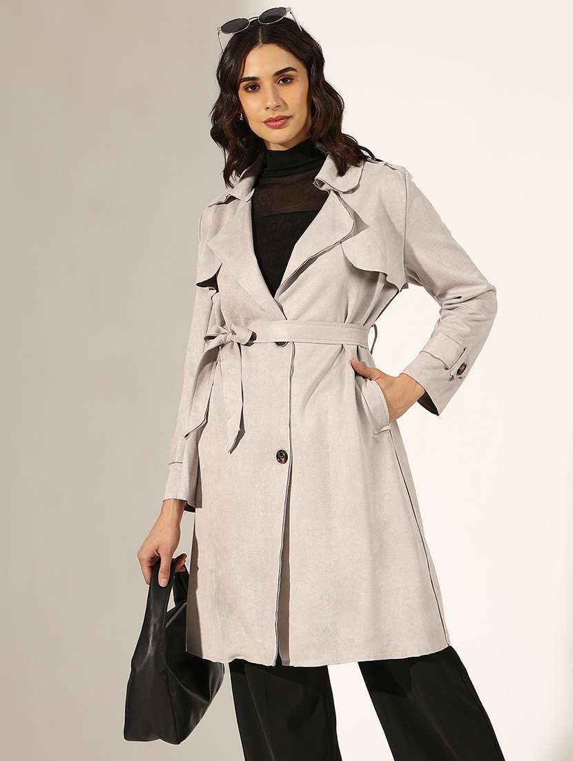 women solid long sleeve trench coat