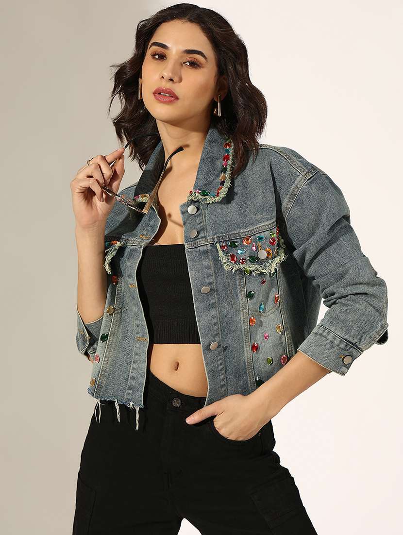 women embellished long sleeve denim jacket