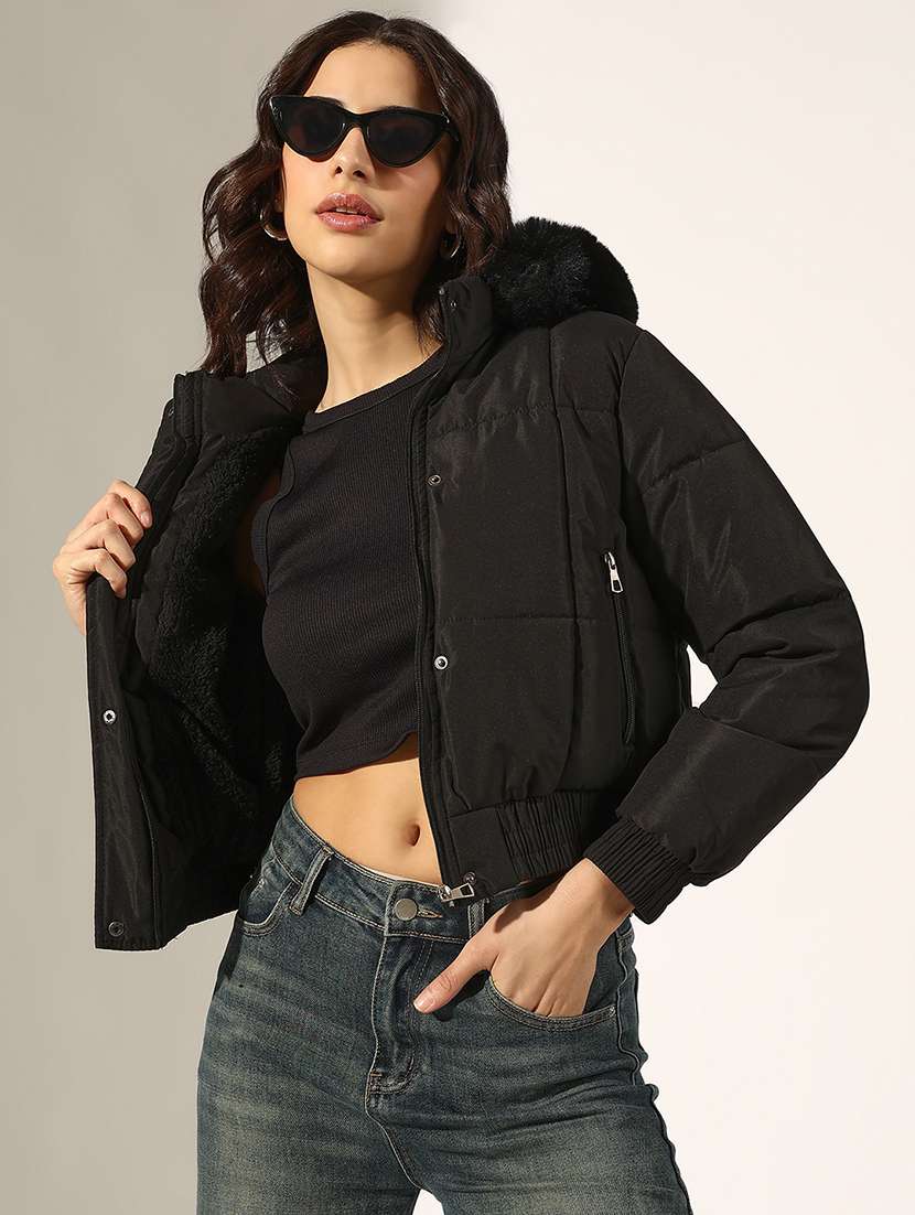 women solid long sleeve hooded quilted jacket