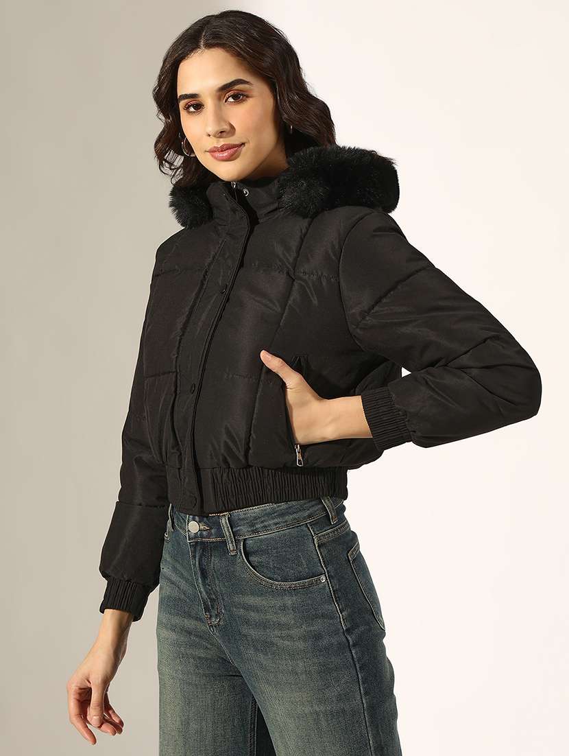 women solid long sleeve hooded quilted jacket - 22180068 -  Standard Image - 2