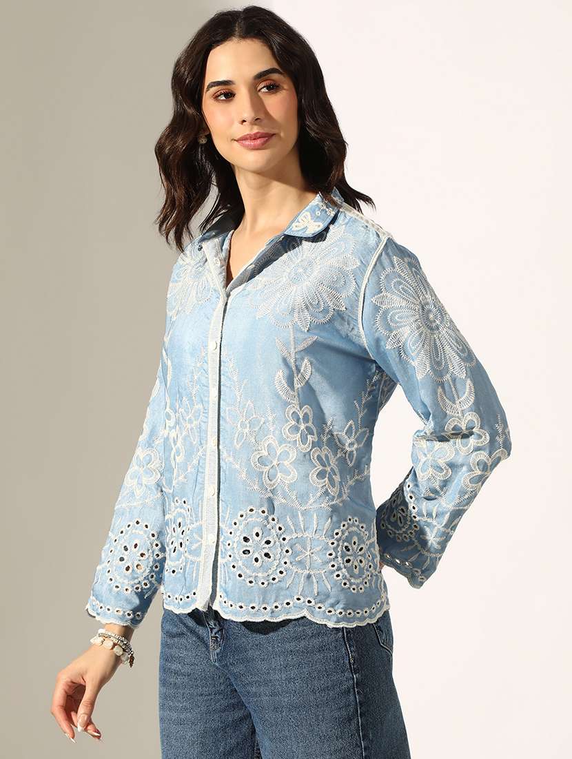 women embroidered collared long sleeve regular shirt - 22180091 -  Standard Image - 2