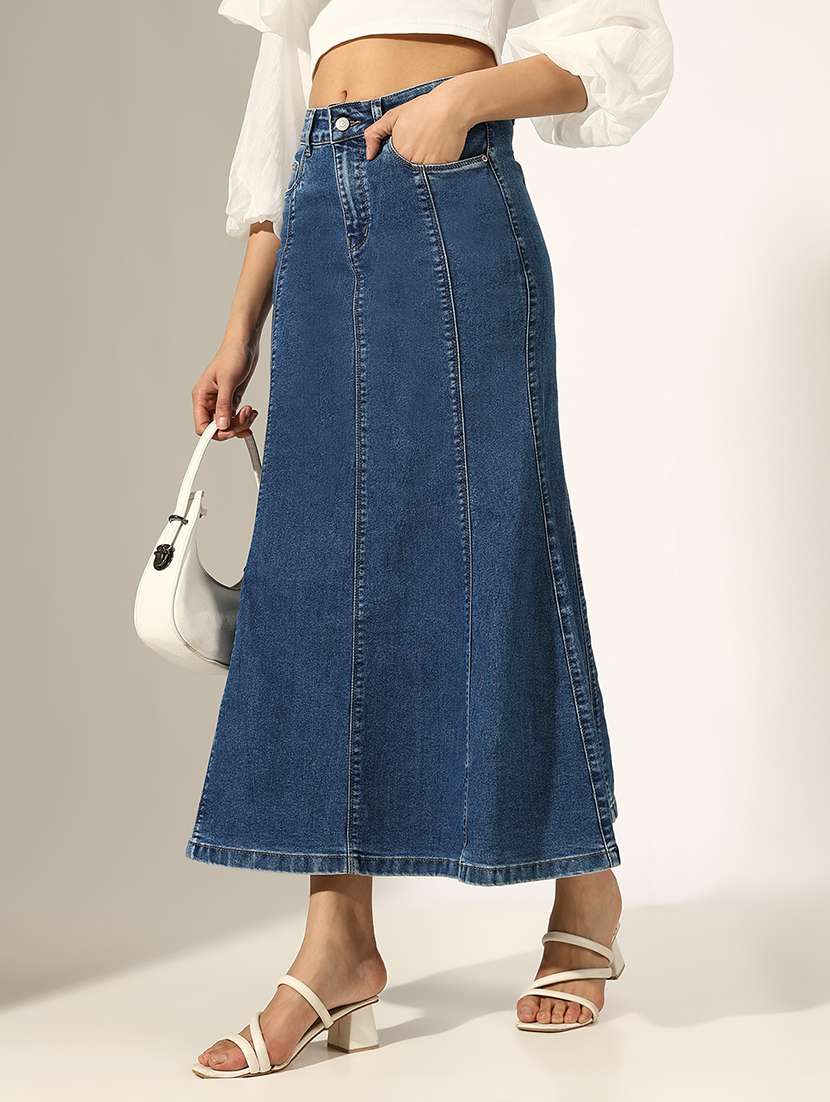 women solid high rise denim skirt