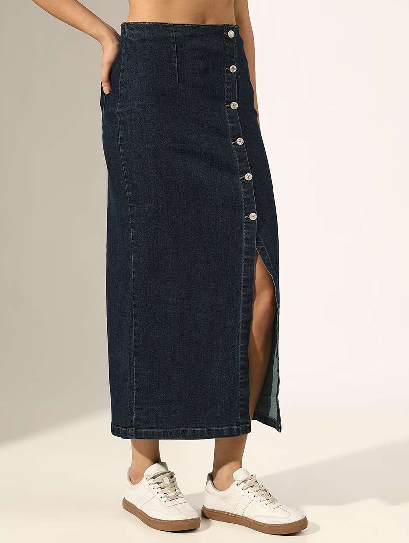 women solid high rise denim skirt - 22180113 -  Standard Image - 2