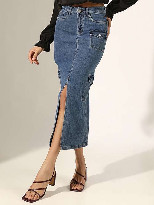 women solid high rise denim cargo skirt - 22180114 -  Standard Image - 0