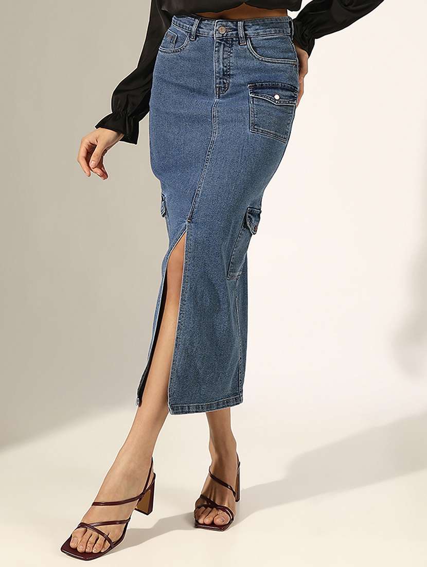 women solid high rise denim cargo skirt