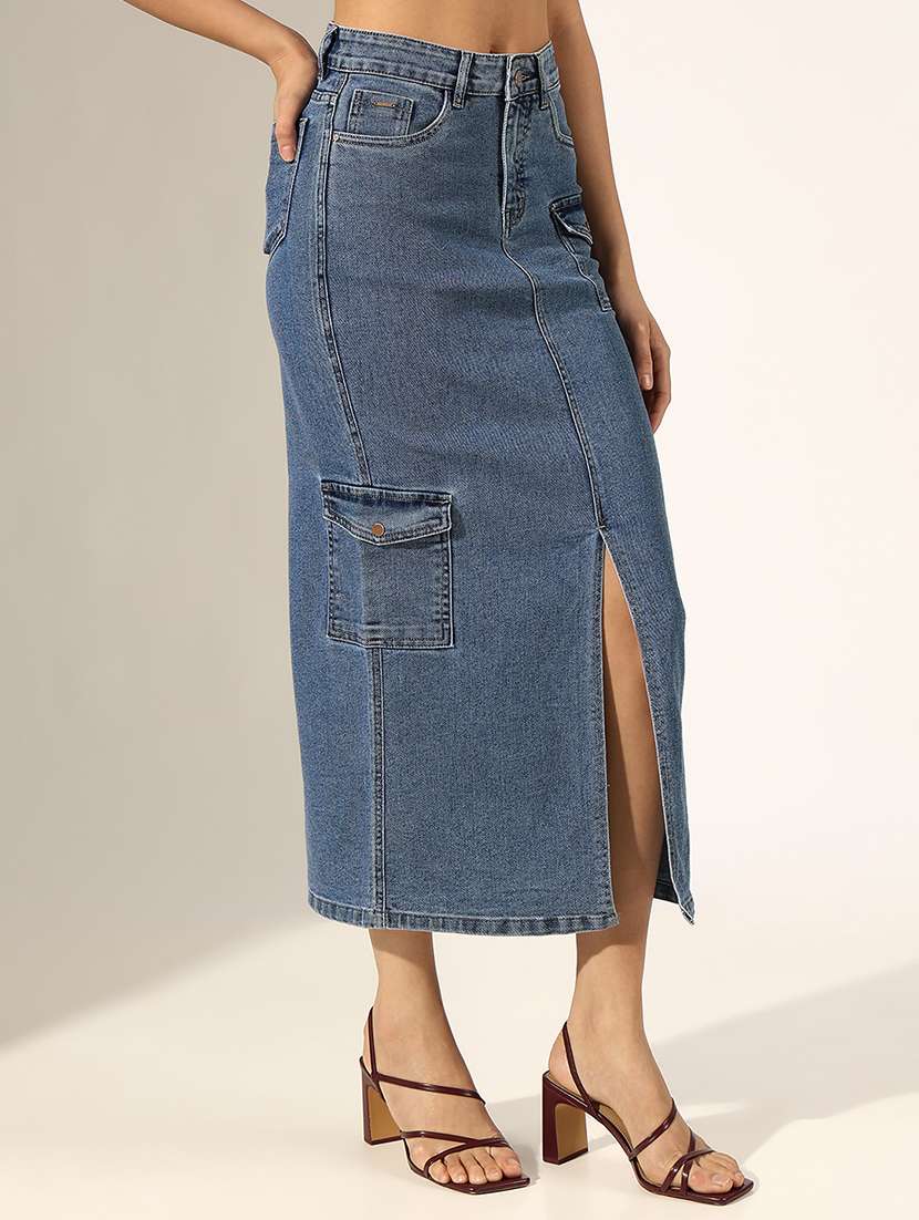 women solid high rise denim cargo skirt - 22180114 -  Standard Image - 2