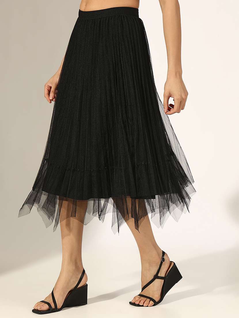 women black solid net flared skirt - 22180119 -  Standard Image - 2