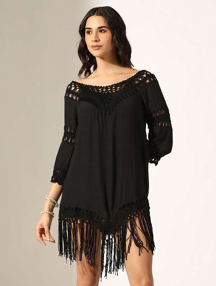 women self designed fringed detailed a-line dress - 22180124 -  Standard Image - 2