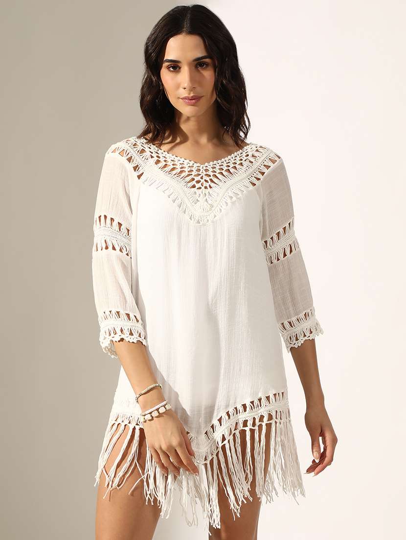 women self desigend fringed detailed a-line dress - 22180125 -  Standard Image - 2