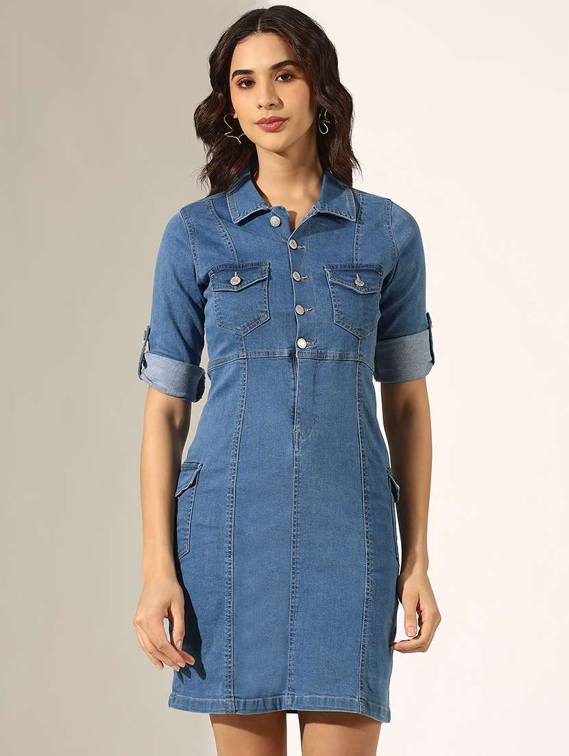 women solid denim bodycon dress - 22180128 -  Standard Image - 2