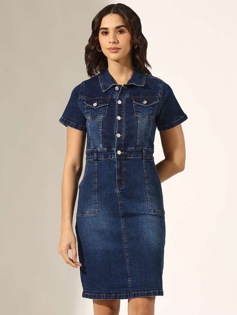 women solid denim bodycon dress - 22180131 -  Standard Image - 2