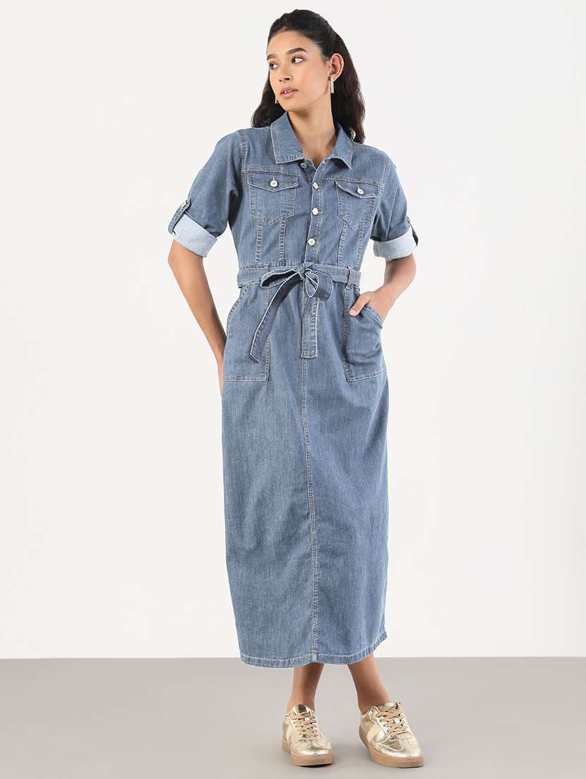 women solid denim a-line dress - 22180139 -  Standard Image - 2
