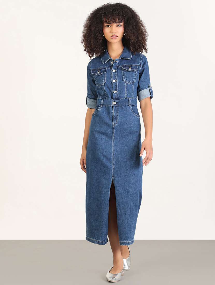 women solid denim a-line dress - 22180140 -  Standard Image - 2