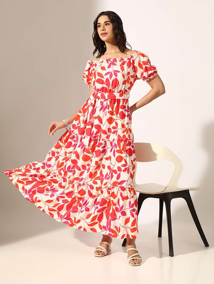 women printed off shoulder tiered dress
