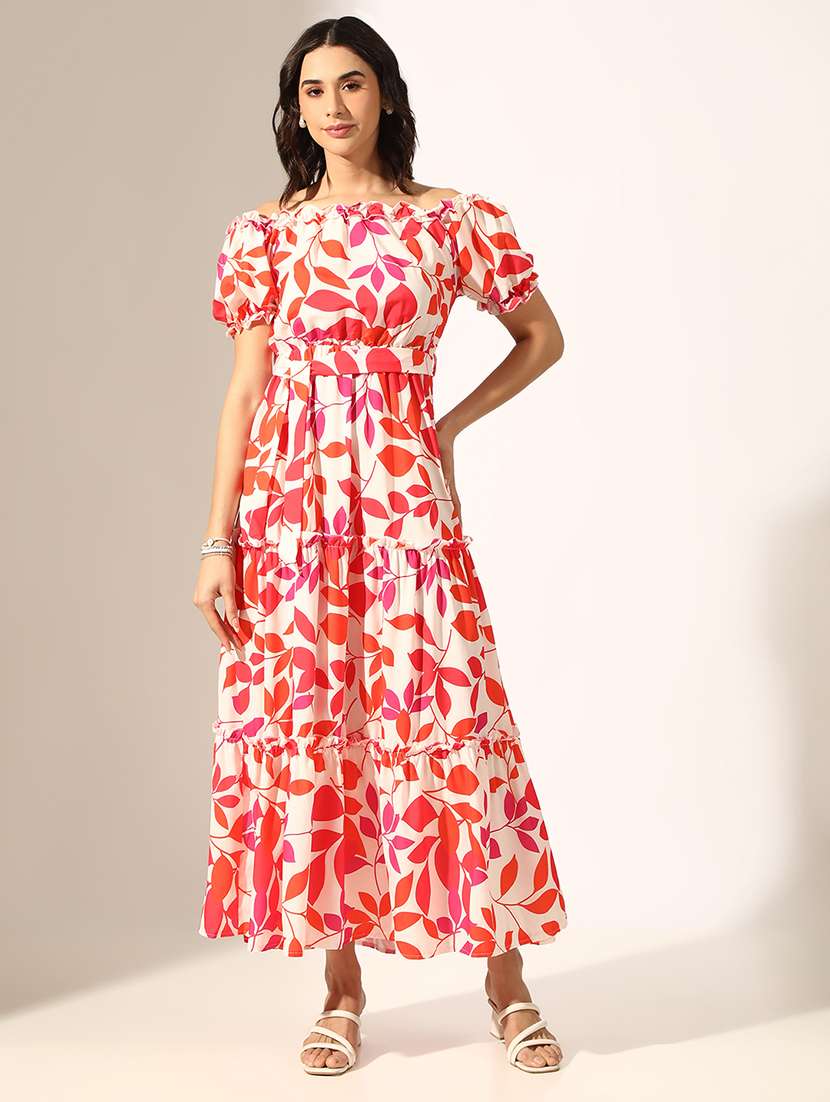 women printed off shoulder tiered dress - 22180151 -  Standard Image - 2