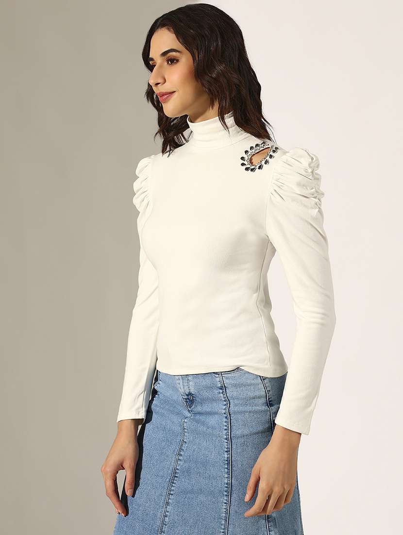 women solid puff sleeve regular top - 22180160 -  Standard Image - 2