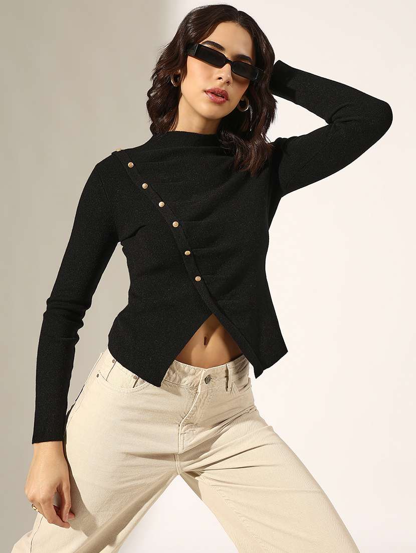 women solid long sleeve asymmetric top