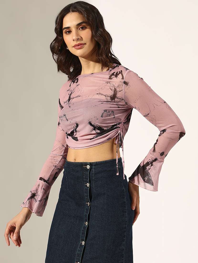 women printed long sleeve crop ruched top - 22180176 -  Standard Image - 2