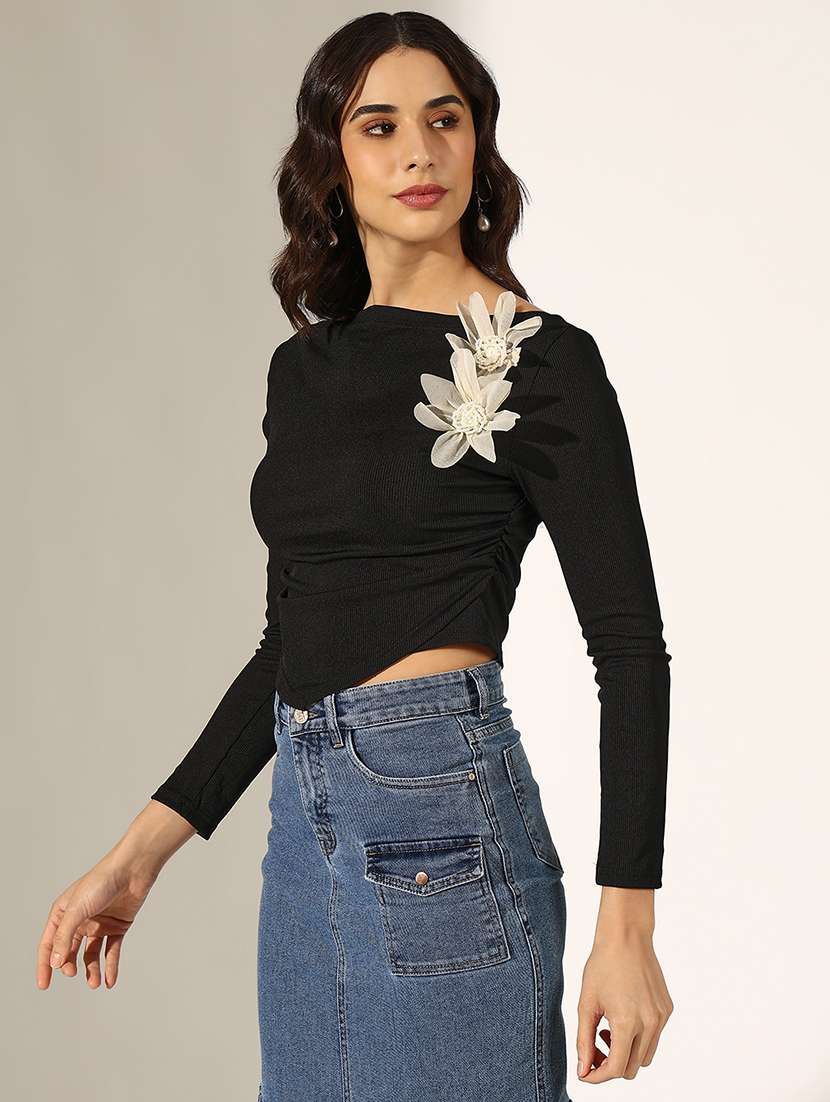 women solid long sleeve crop top - 22180177 -  Standard Image - 2