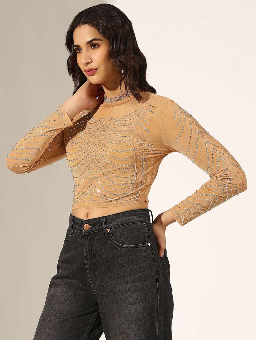 women embellished long sleeve crop top - 22180179 -  Standard Image - 2