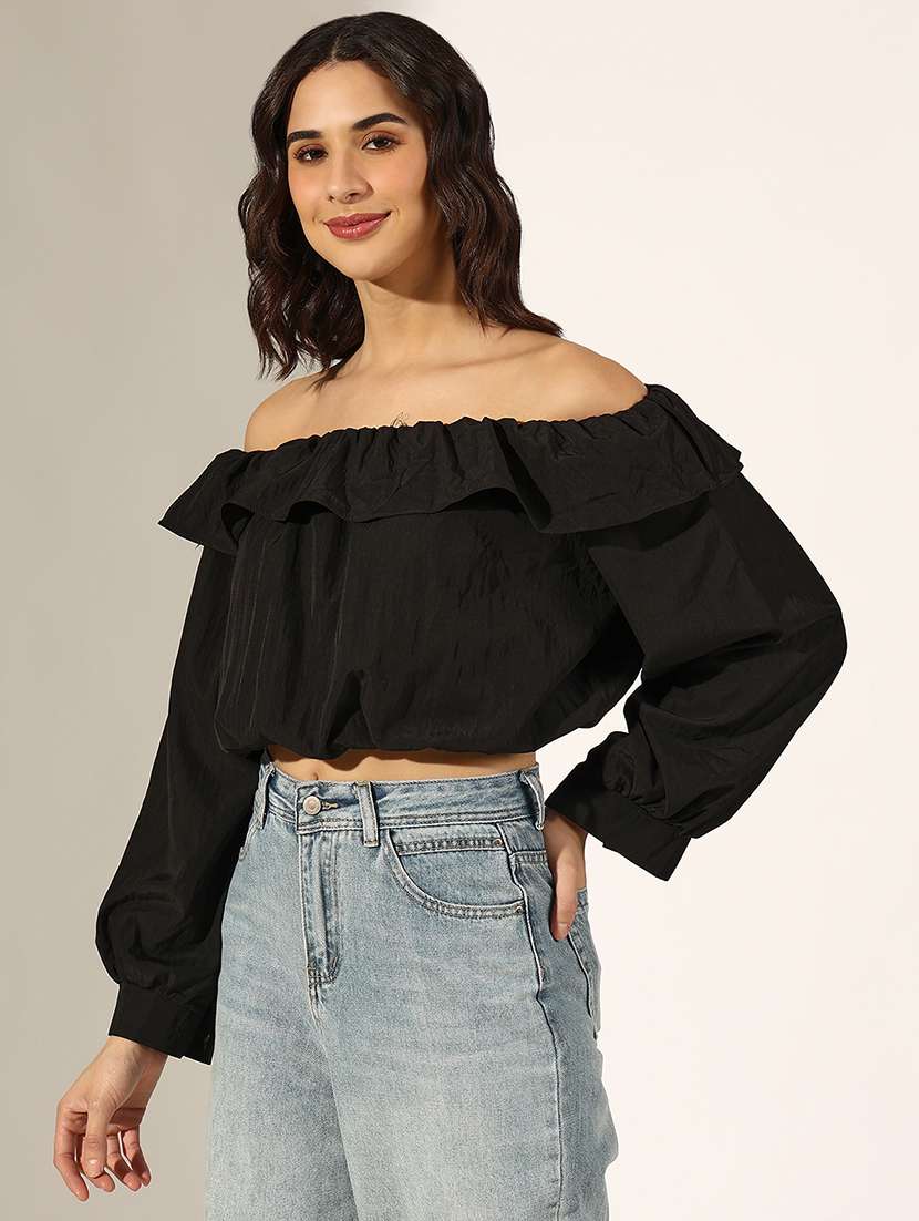 women black solid off shoulder crop top - 22180180 -  Standard Image - 2