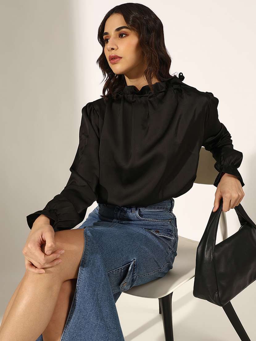 women solid cowl neck long sleeve regular top