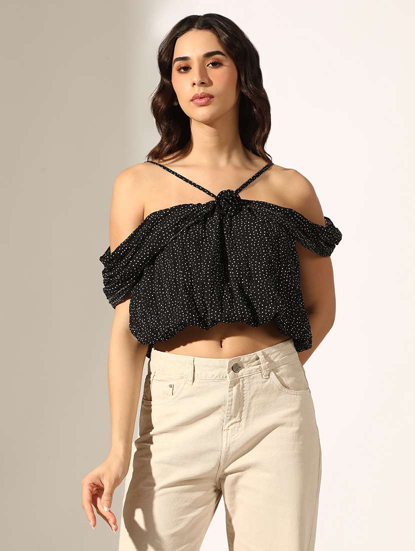 women black polka doted off shoulder crop top