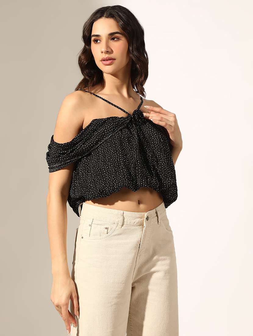 women black polka doted off shoulder crop top - 22180189 -  Standard Image - 2