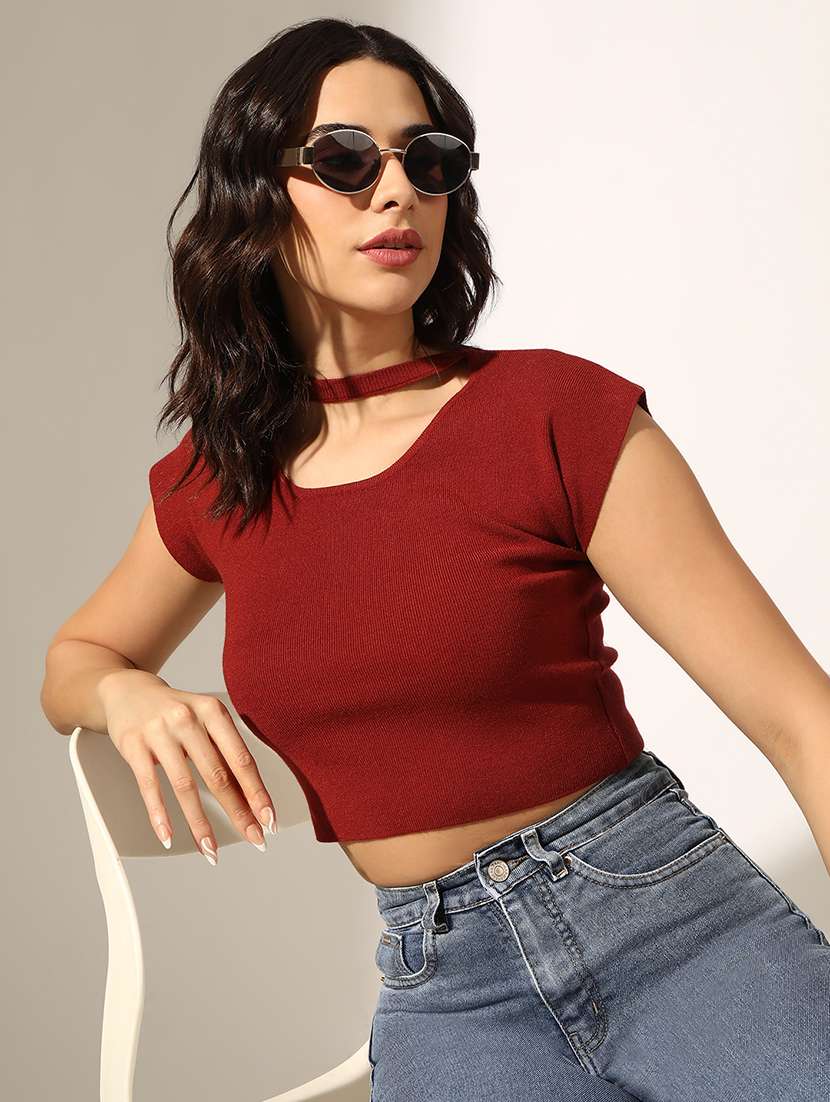women solid short sleeve crop top