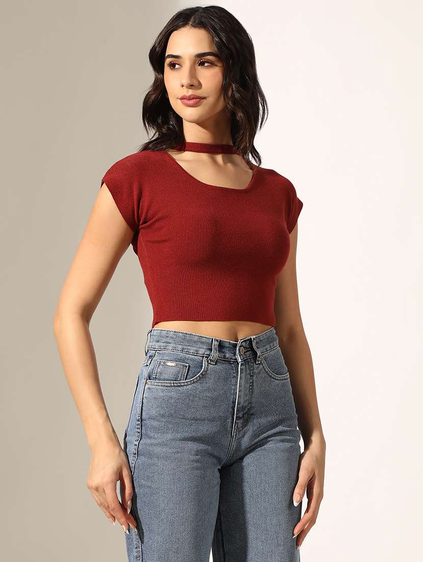 women solid short sleeve crop top - 22180191 -  Standard Image - 2