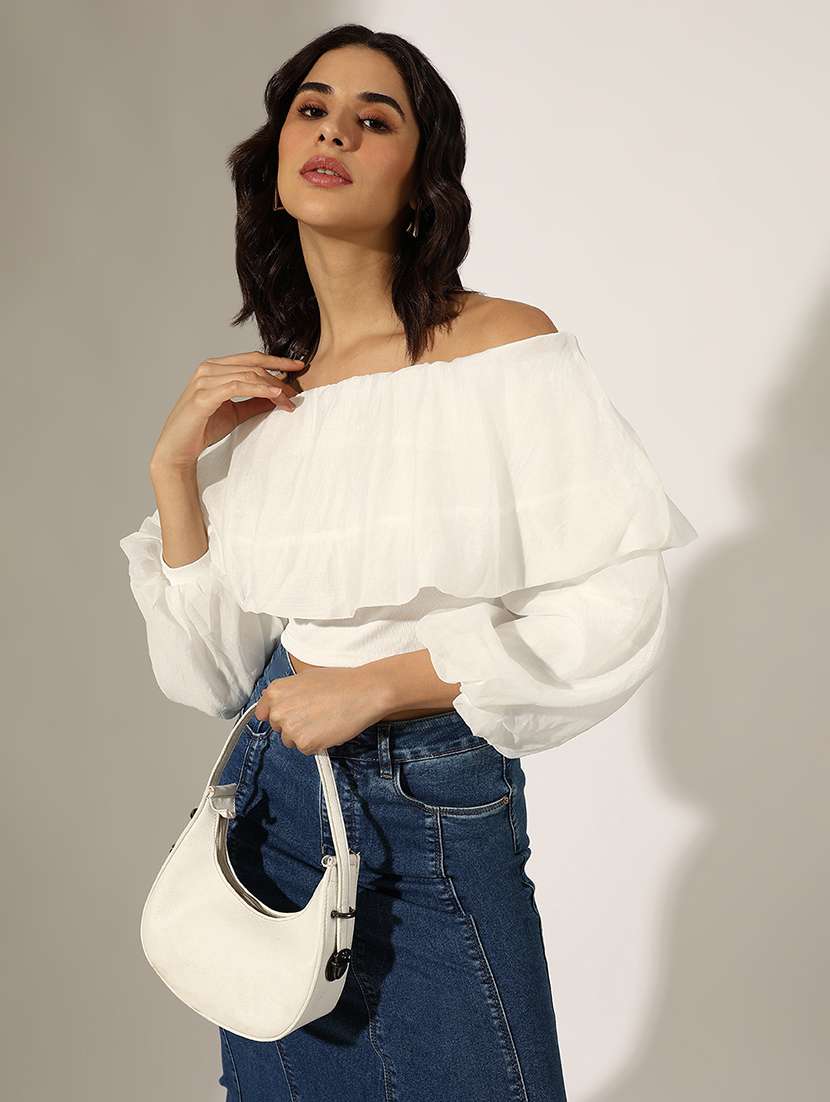 women solid off shoulder crop top