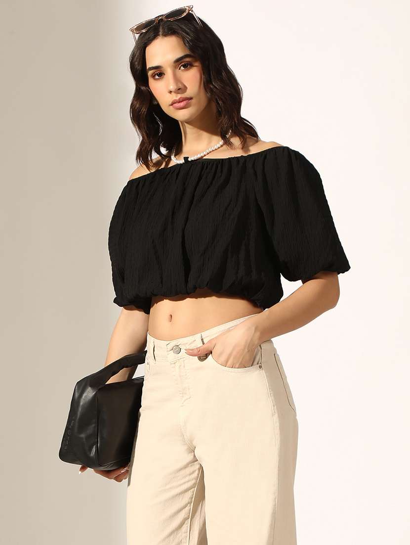 women black solid off shoulder crop top