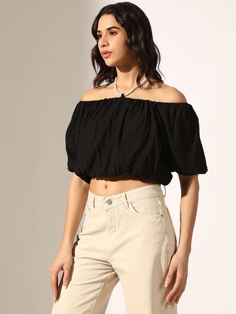 women black solid off shoulder crop top - 22180197 -  Standard Image - 2