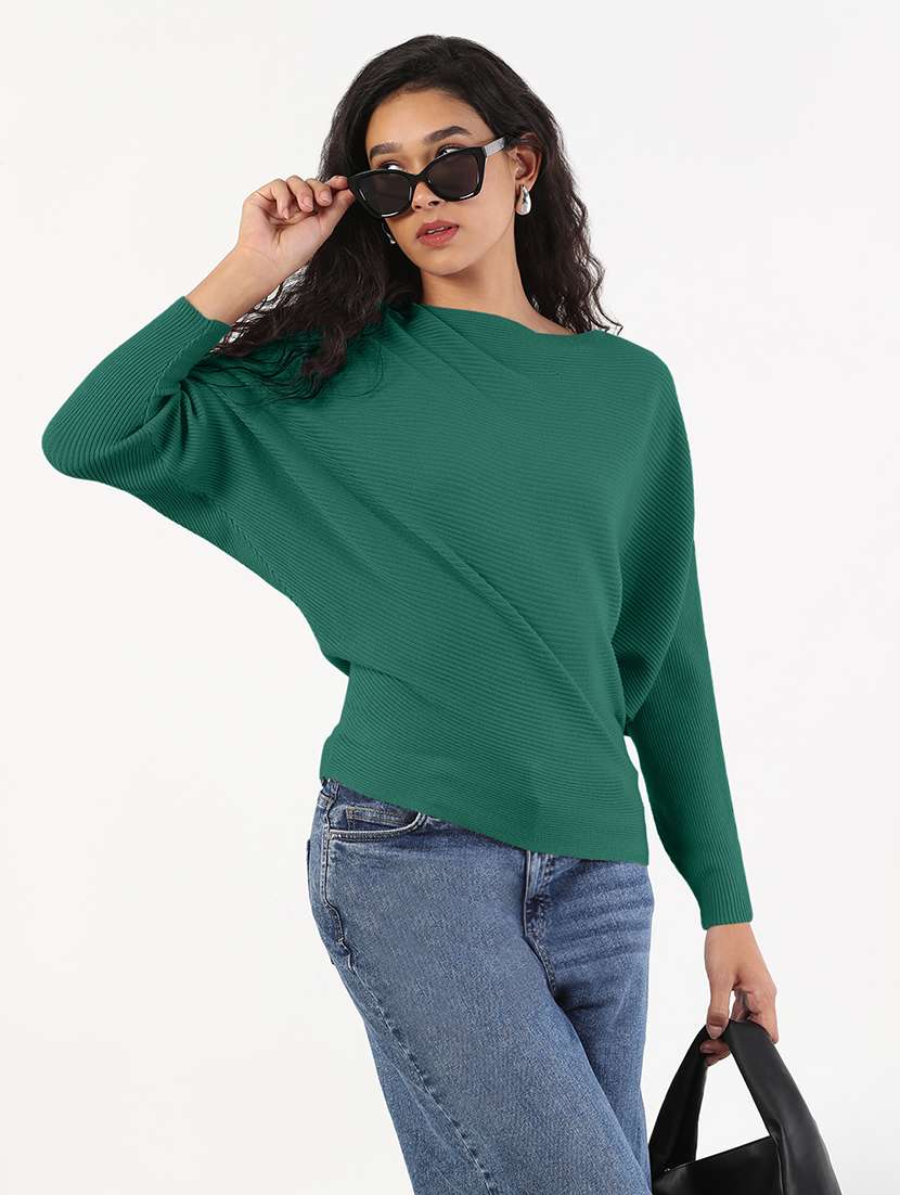 women solid batwing sleeve regular top