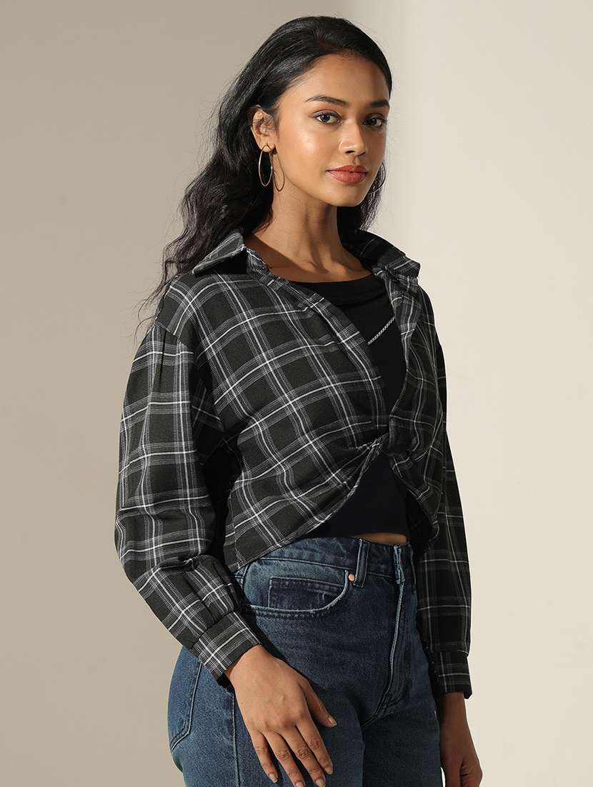 women checkered long sleeve crop shirt top - 22180203 -  Standard Image - 2