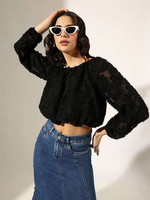 women self designed long sleeve crop top - 22180208 -  Standard Image - 0