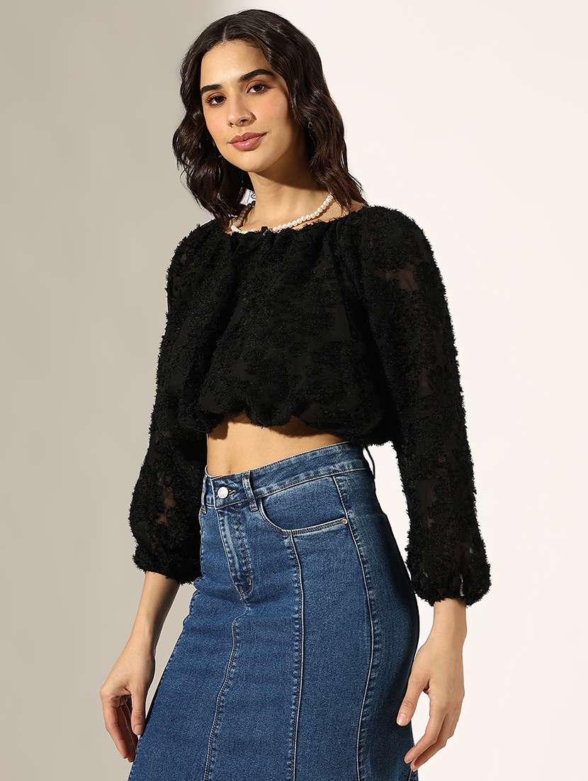 women self designed long sleeve crop top - 22180208 -  Standard Image - 2