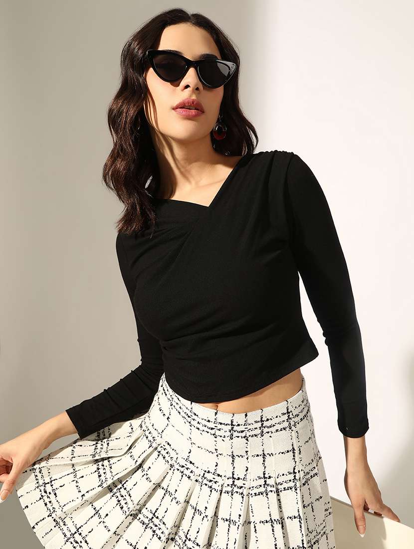 women solid long sleeve crop top