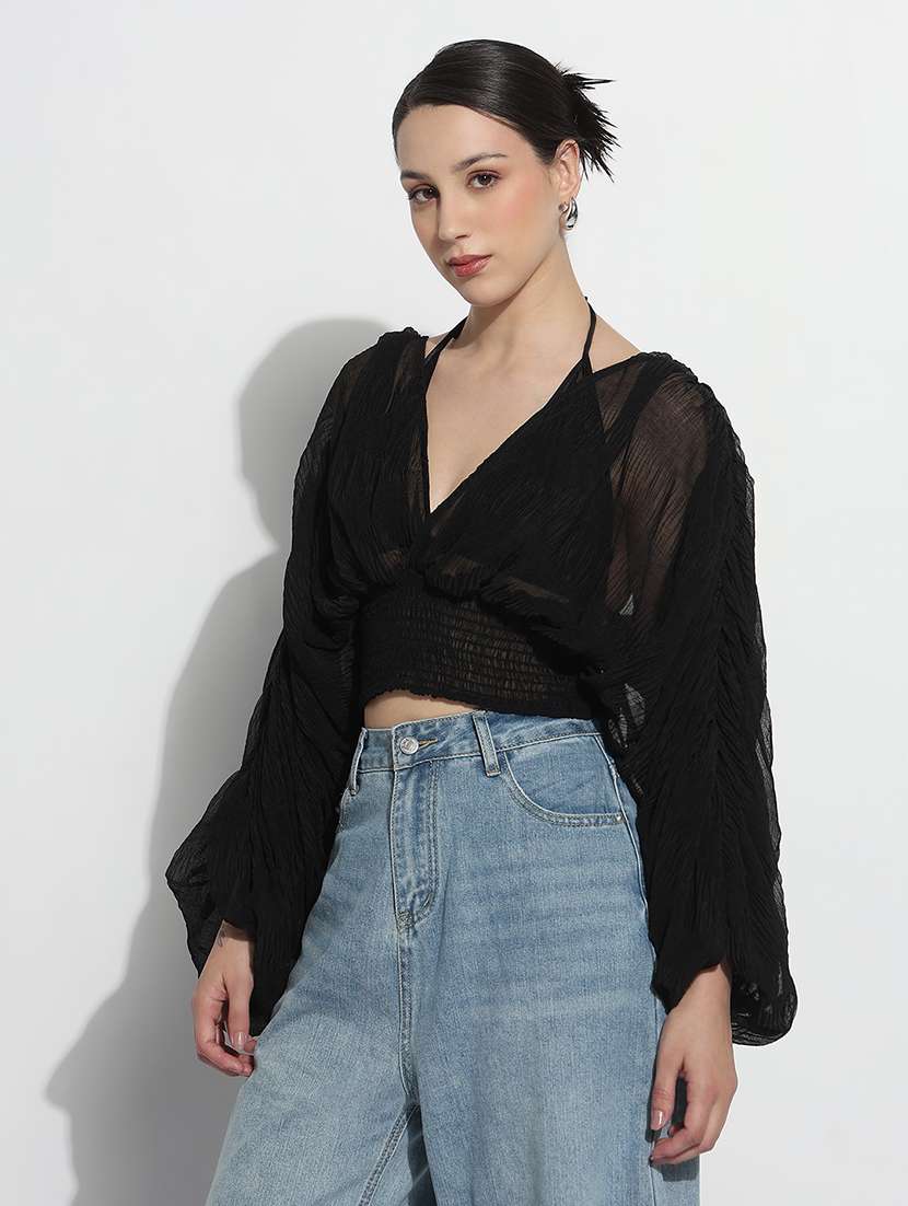 women solid batwing sleeve sheer blouson top - 22180216 -  Standard Image - 2