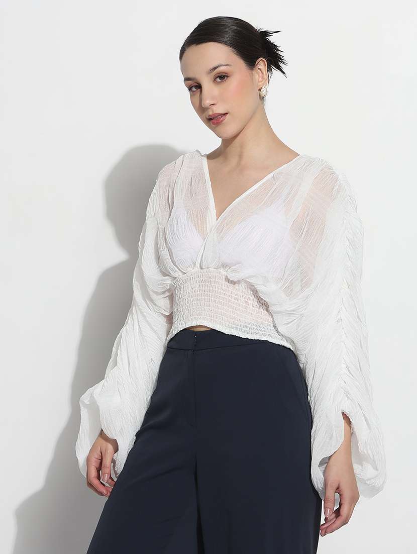 women solid batwing sleeve sheer blouson top - 22180217 -  Standard Image - 2