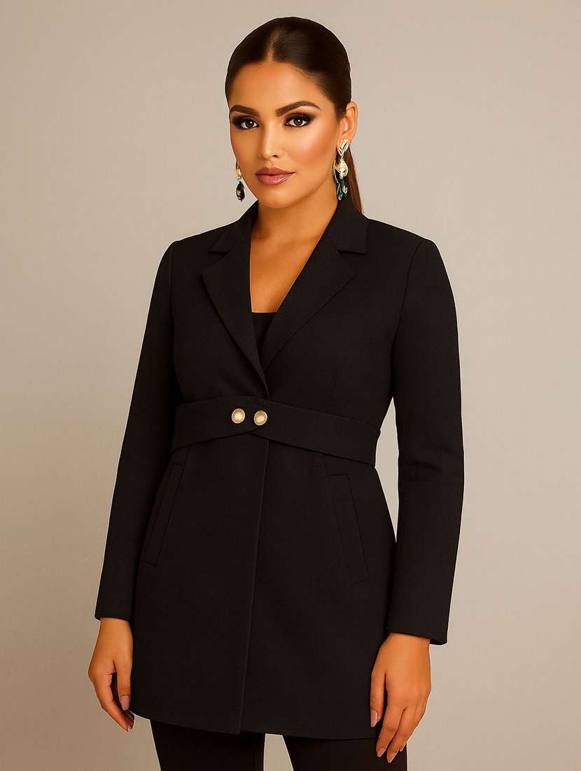 women solid lapel collar long sleeve over coat