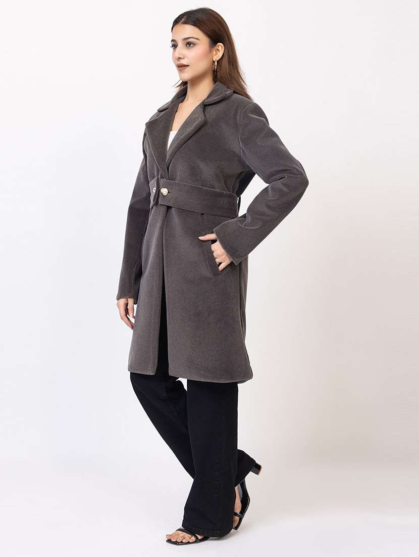 women solid lapel collar long sleeve trench coat - 22180231 -  Standard Image - 2