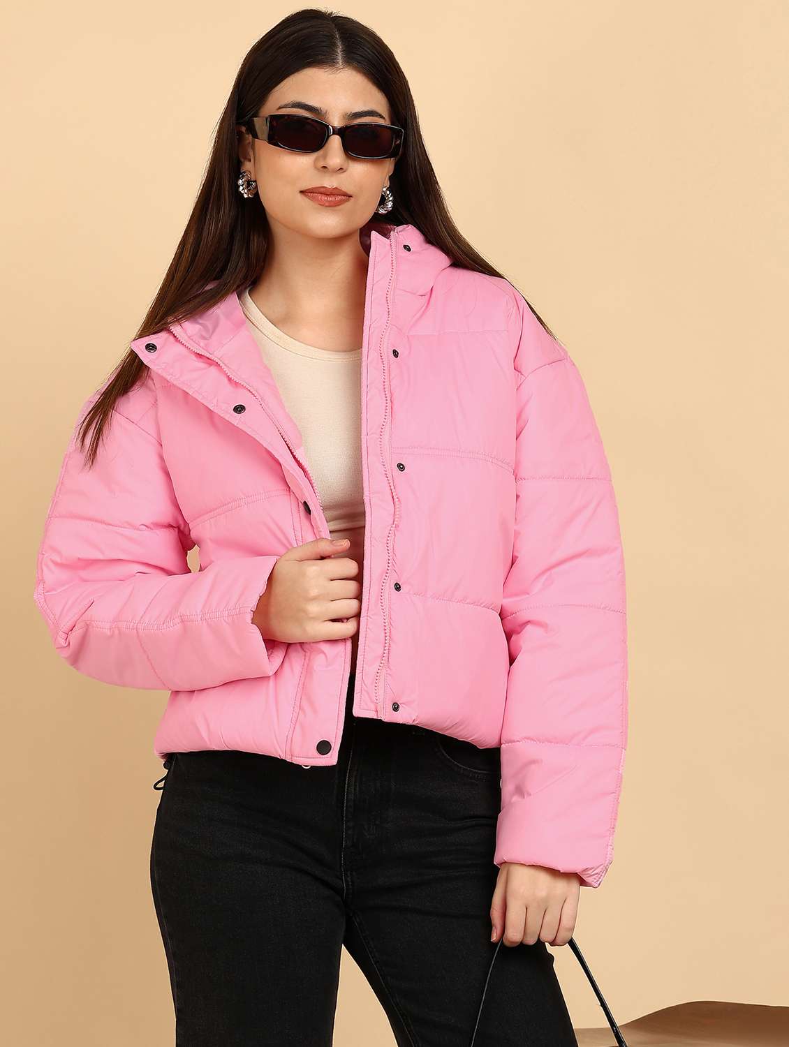women solid long sleeve quilted hooded jacket
