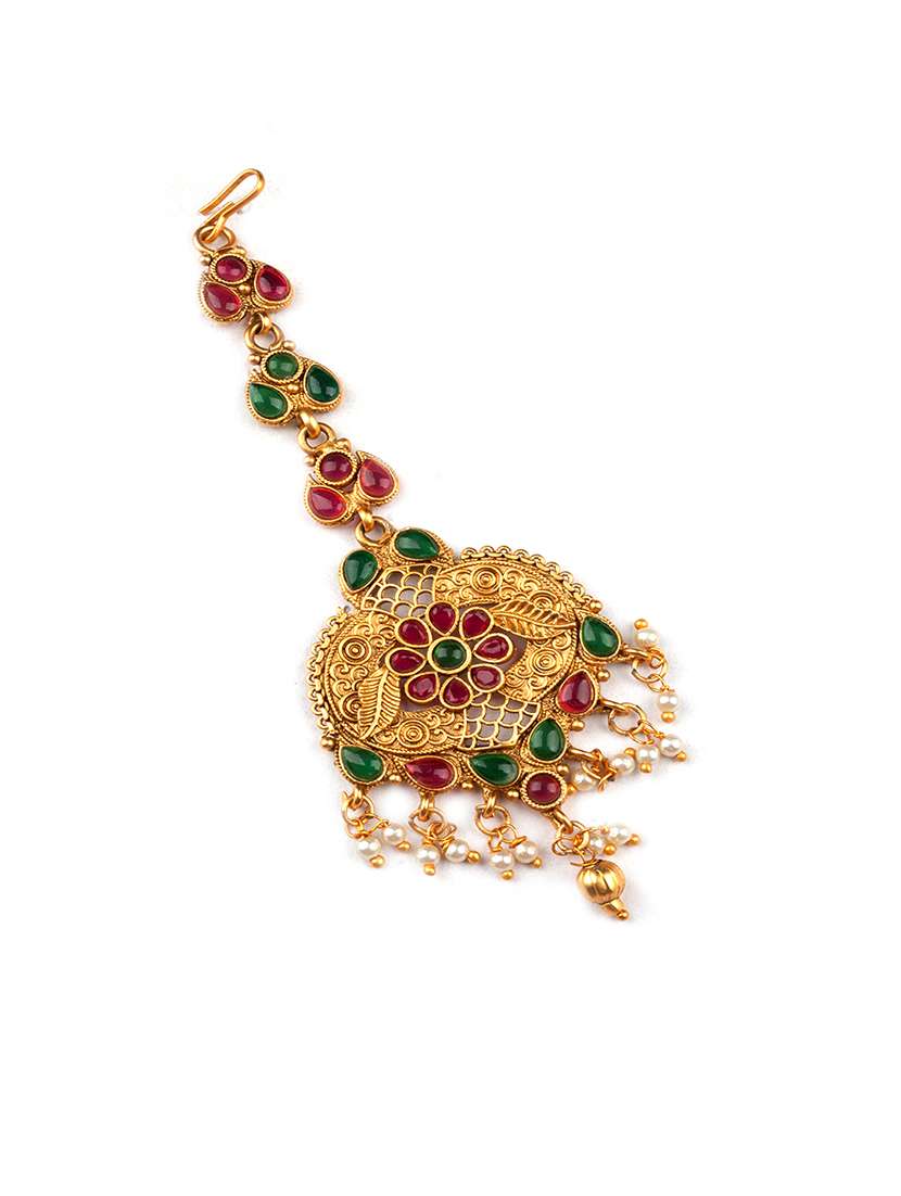 gold plated maangtika with pearl beads - 22181247 -  Standard Image - 2