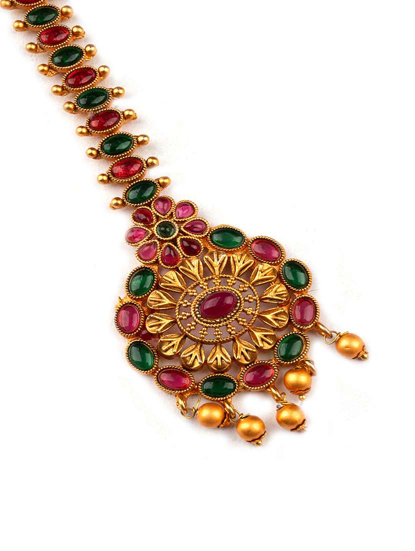 gold plated maangtika with beads - 22181248 -  Standard Image - 2