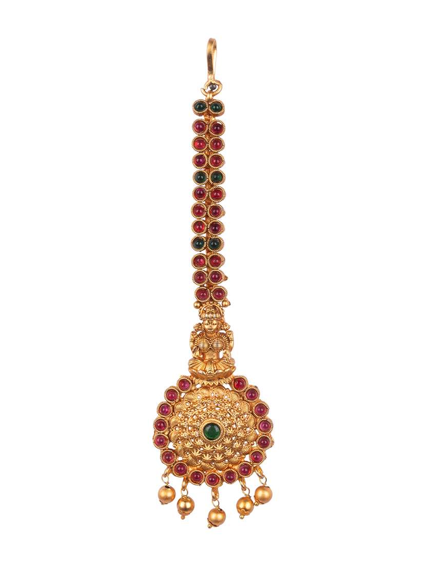 gold plated maangtika with beads - 22181249 -  Standard Image - 2